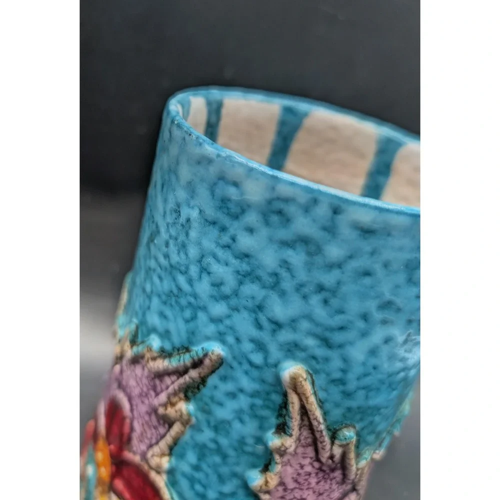 Fratelli Fanciullacci Italian Art Pottery Vase Turquoise Floral Relief 1740/W45